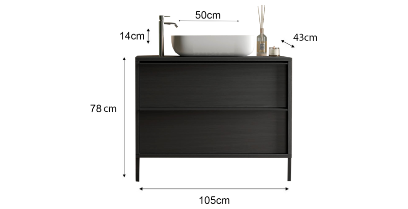 Meuble de salle de bain avec évier et 2 tiroirs, collection FRASSI. Coloris noir cendré