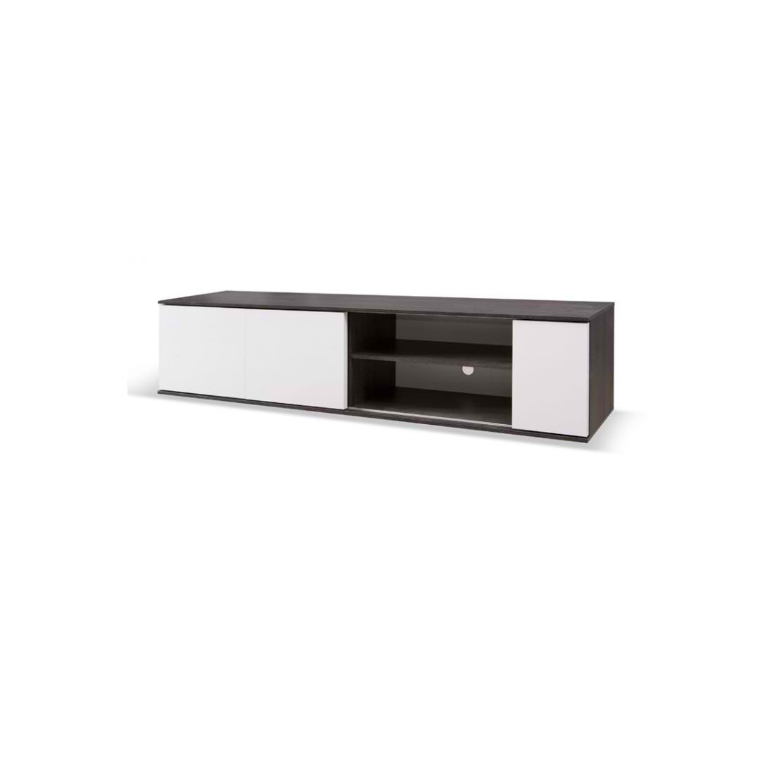 Meuble TV 160cm avec portes coulissantes collection BELFORT coloris noir effet bois et blanc.