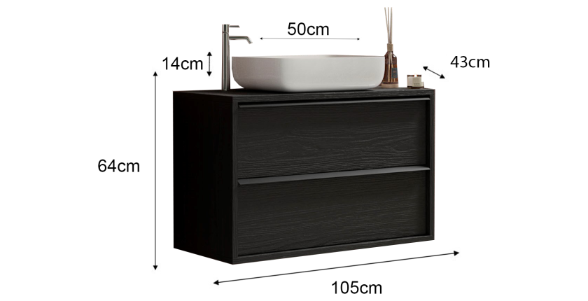 Meuble de salle de bain suspendu avec évier et 2 tiroirs, collection FRASSI. Coloris noir cendré