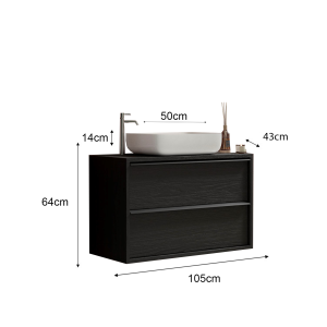 Meuble de salle de bain suspendu avec évier et 2 tiroirs, collection FRASSI. Coloris noir cendré