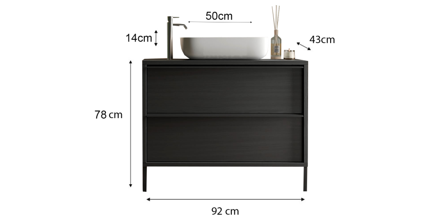 Meuble de salle de bain avec évier et 2 tiroirs, longueur 92cm, collection FRASSI. Coloris noir cendré