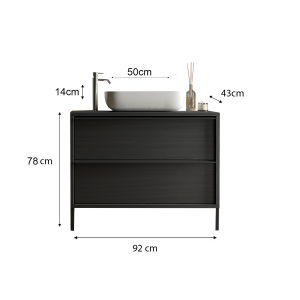 Meuble de salle de bain avec évier et 2 tiroirs, longueur 92cm, collection FRASSI. Coloris noir cendré