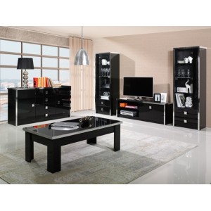 Meuble TV design, 150cm coloris noir brillant finitions chromées collection LYON.