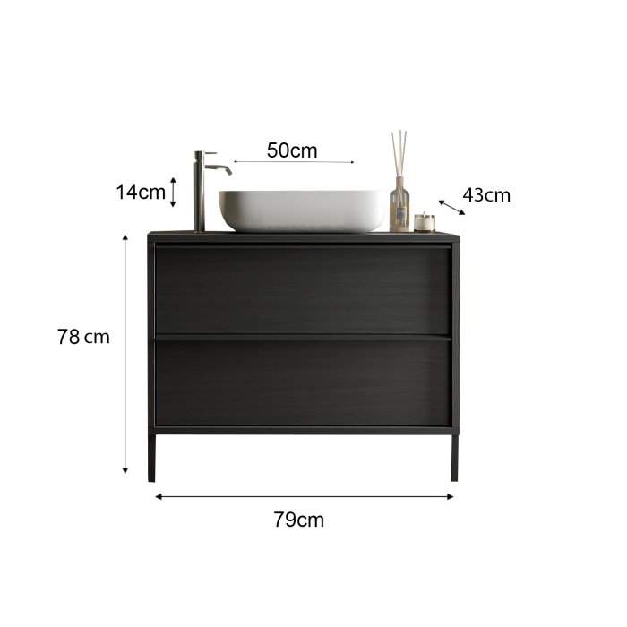Meuble de salle de bain avec évier et 2 tiroirs, longueur 79cm, collection FRASSI. Coloris noir cendré