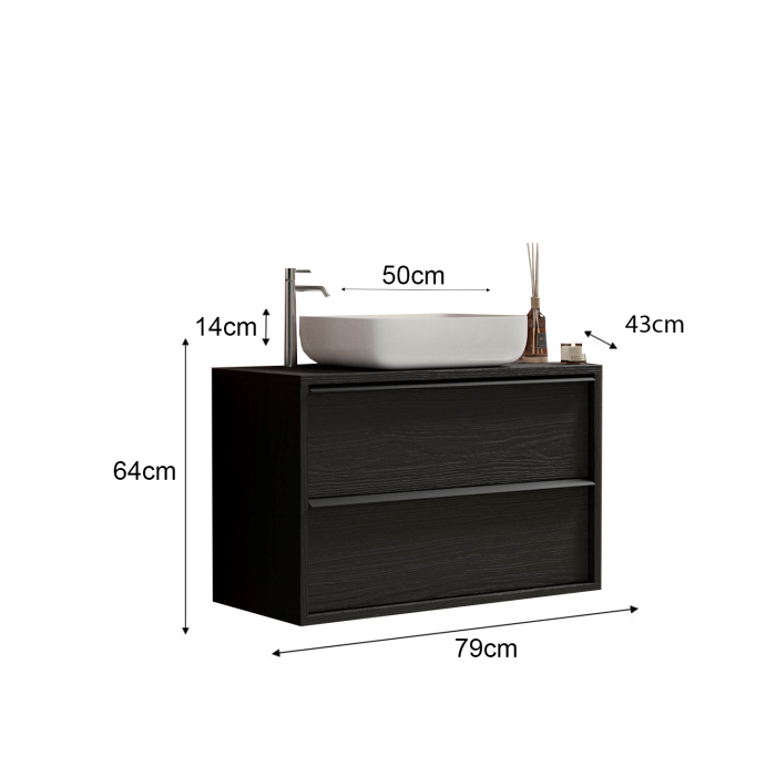 Meuble de salle de bain suspendu avec évier et 2 tiroirs, longueur 79cm, collection FRASSI. Coloris noir cendré