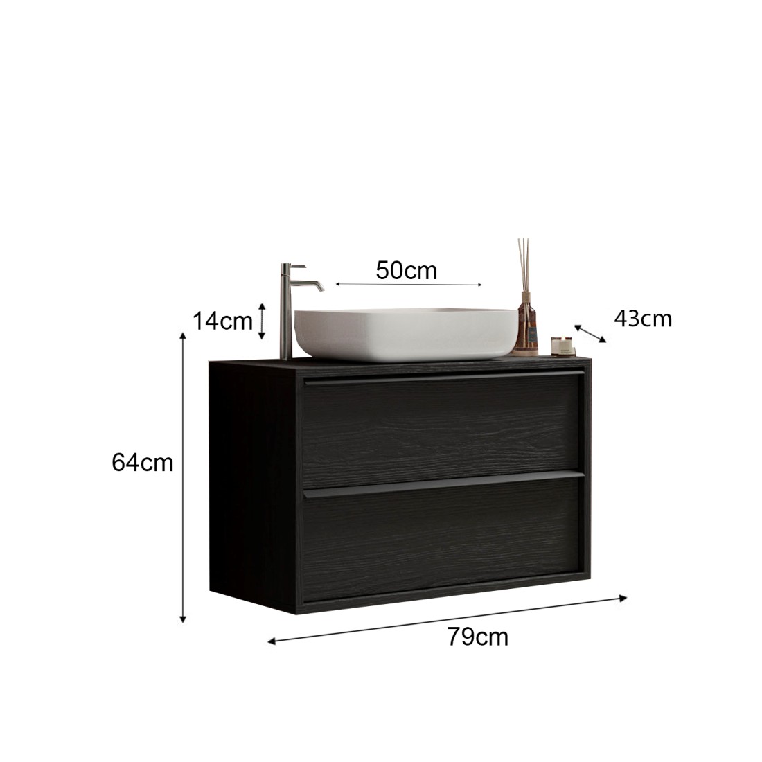 Meuble de salle de bain suspendu avec évier et 2 tiroirs, longueur 79cm, collection FRASSI. Coloris noir cendré