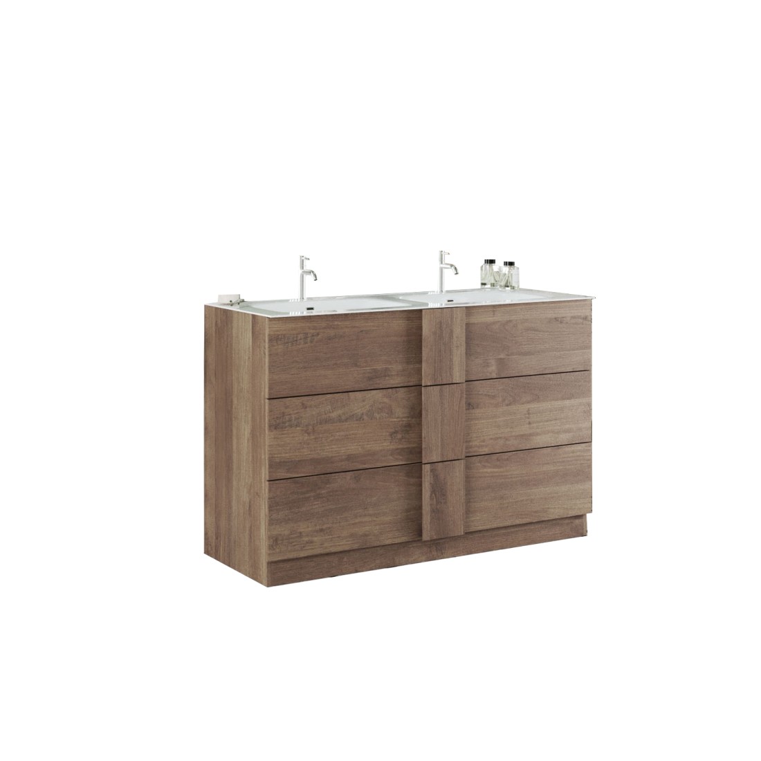 Meuble de salle de bain avec deux vasques et 3 tiroirs, collection FRASSI. Coloris chêne clair