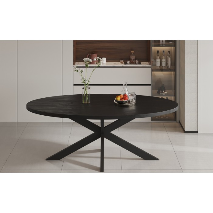 Table à manger ovale BOURGIA en bois massif de Mangolia noir, idéal pour une salle a manger conviviale