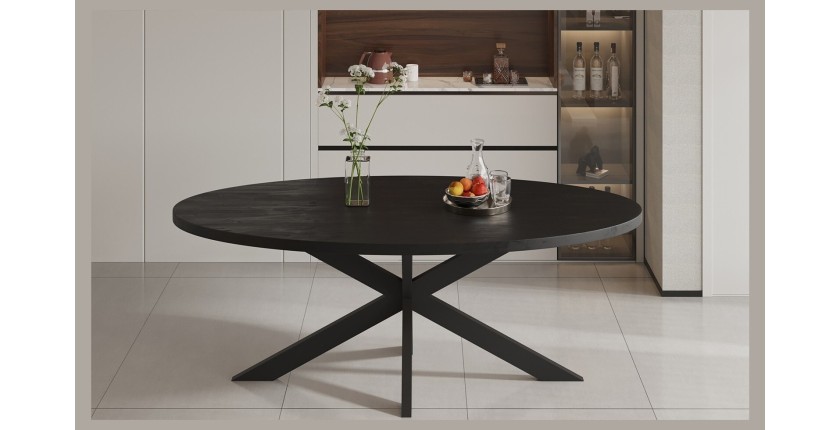 Table à manger ovale BOURGIA en bois massif de Mangolia noir, idéal pour une salle a manger conviviale
