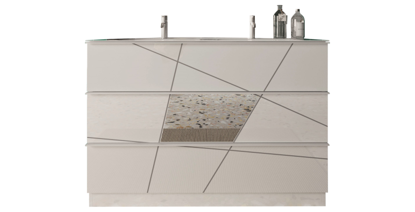 Meuble de salle de bain avec deux vasques et 3 tiroirs, collection VITARIO. Coloris blanc brillant