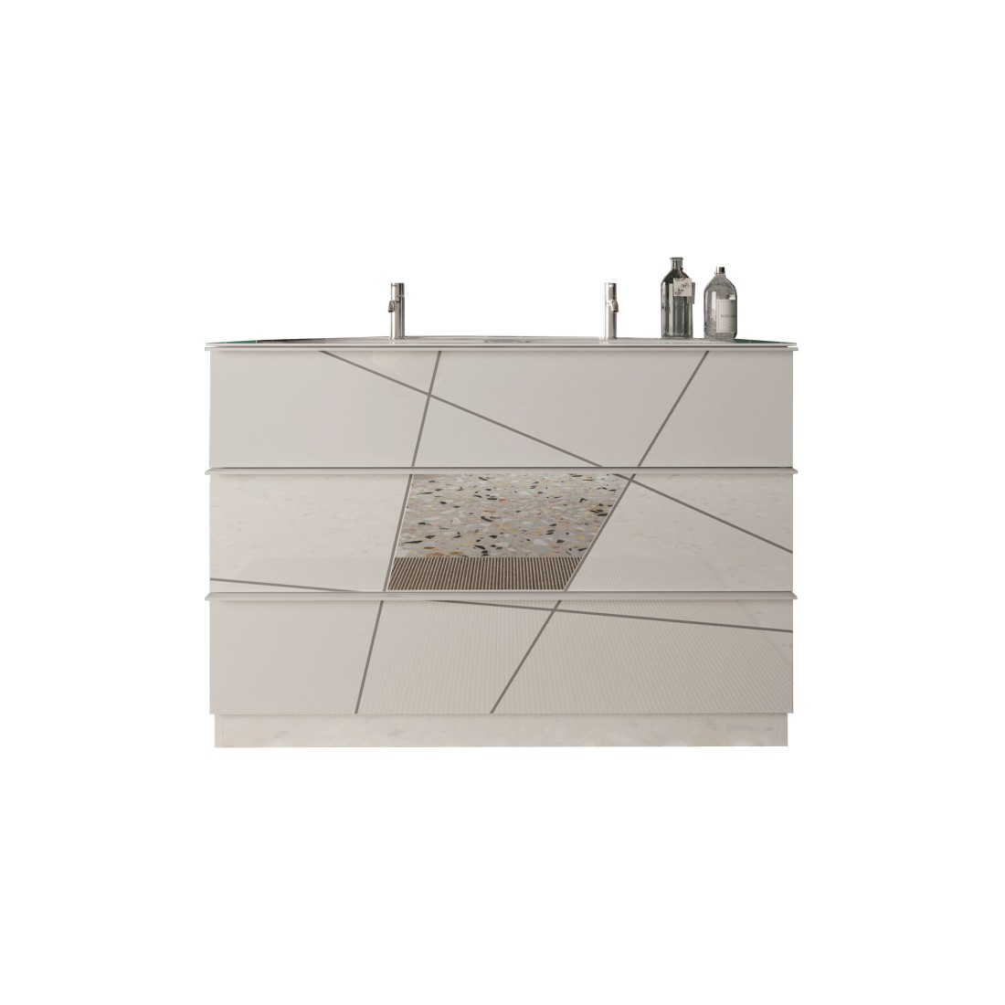 Meuble de salle de bain avec deux vasques et 3 tiroirs, collection VITARIO. Coloris blanc brillant