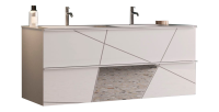 Meuble de salle de bain suspendu avec deux vasques et 2 tiroirs, collection VITARIO. Coloris blanc brillant