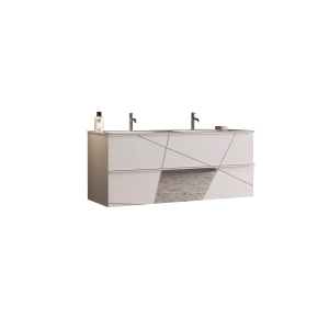 Meuble de salle de bain suspendu avec deux vasques et 2 tiroirs, collection VITARIO. Coloris blanc brillant