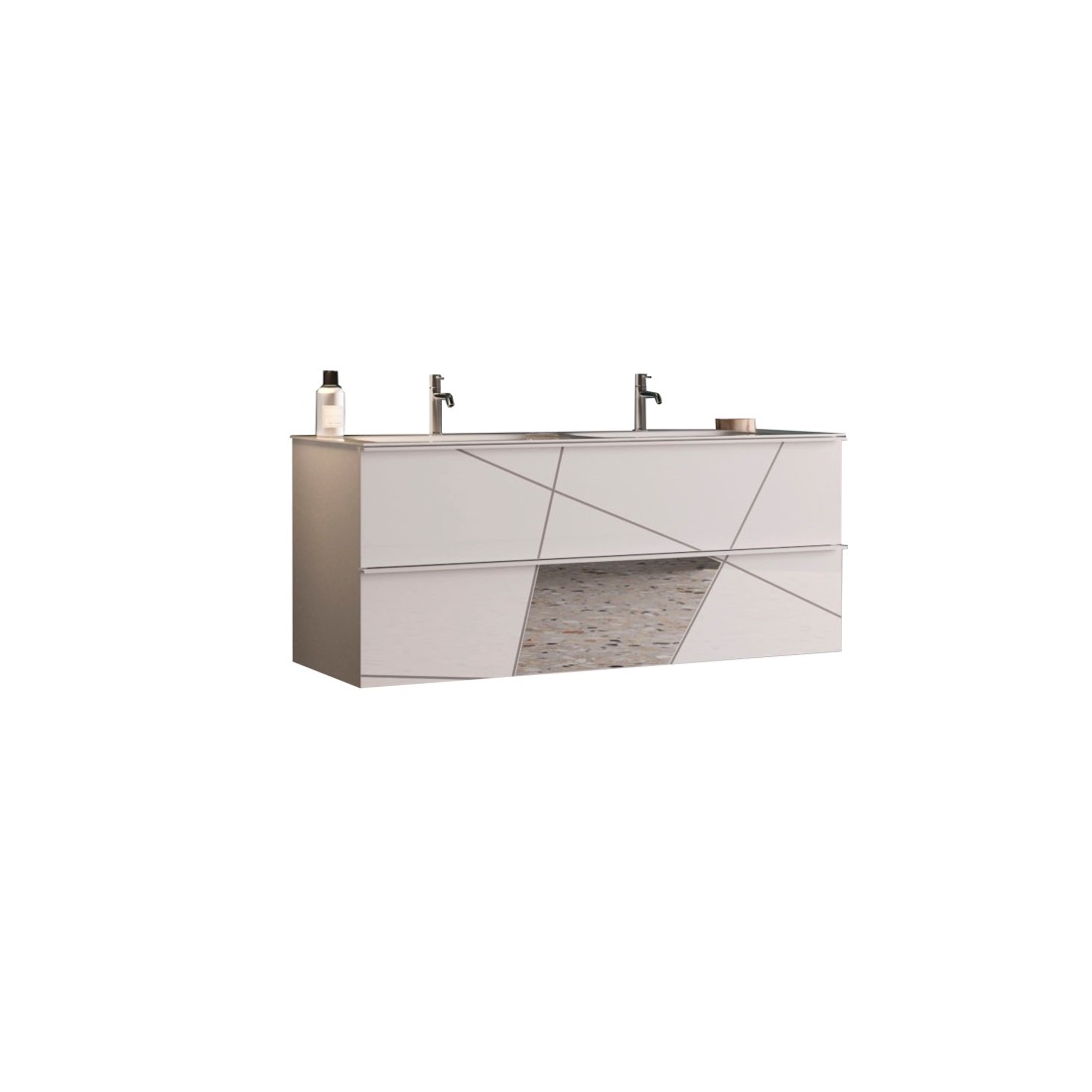 Meuble de salle de bain suspendu avec deux vasques et 2 tiroirs, collection VITARIO. Coloris blanc brillant