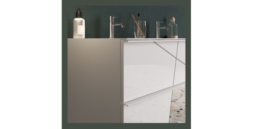 Meuble de salle de bain suspendu avec deux vasques et 2 tiroirs, collection VITARIO. Coloris blanc brillant