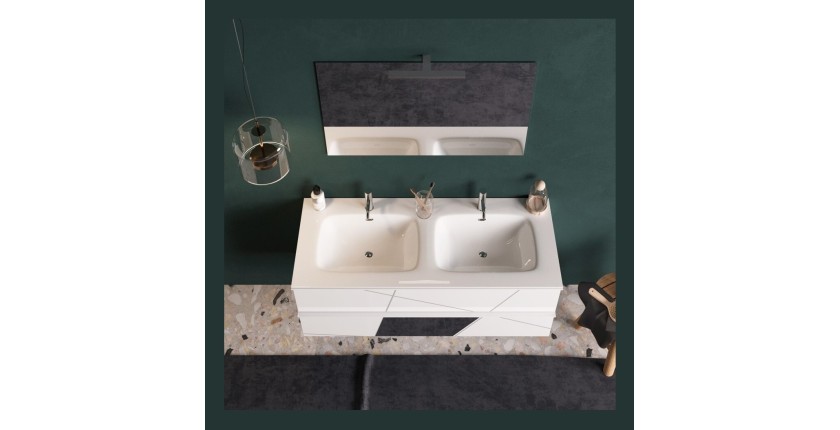 Meuble de salle de bain suspendu avec deux vasques et 2 tiroirs, collection VITARIO. Coloris blanc brillant
