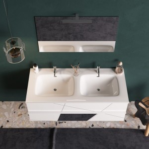 Meuble de salle de bain suspendu avec deux vasques et 2 tiroirs, collection VITARIO. Coloris blanc brillant