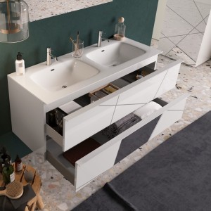 Meuble de salle de bain suspendu avec deux vasques et 2 tiroirs, collection VITARIO. Coloris blanc brillant
