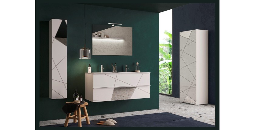 Meuble de salle de bain suspendu avec deux vasques et 2 tiroirs, collection VITARIO. Coloris blanc brillant