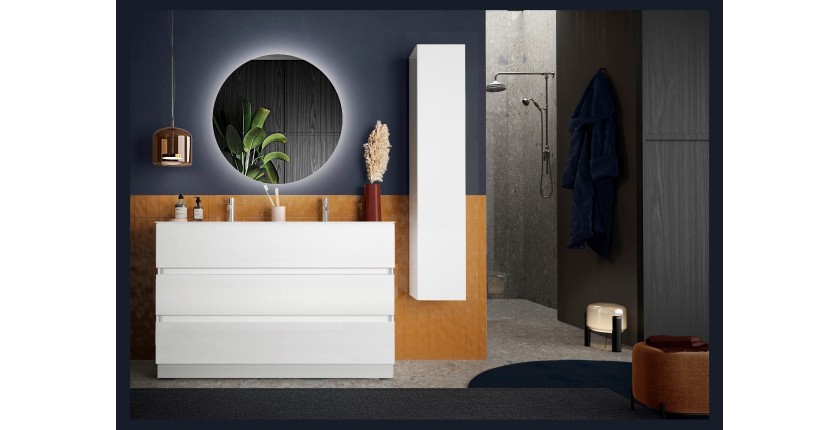Meuble de salle de bain avec deux vasques et 3 tiroirs, collection VIENNE. Coloris blanc brillant