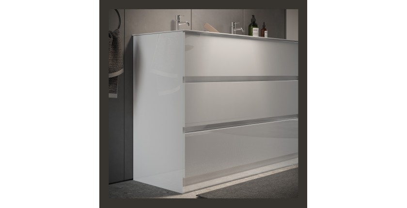 Meuble de salle de bain avec deux vasques et 3 tiroirs, collection VIENNE. Coloris blanc brillant