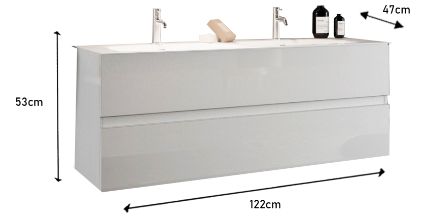 Meuble de salle de bain suspendu avec deux vasques et 2 tiroirs, collection VIENNE. Coloris blanc brillant