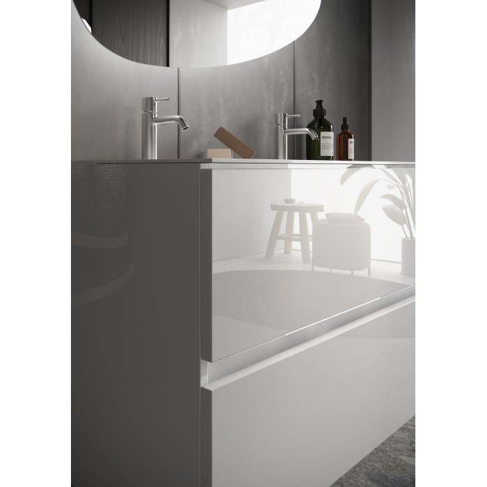 Meuble de salle de bain suspendu avec deux vasques et 2 tiroirs, collection VIENNE. Coloris blanc brillant