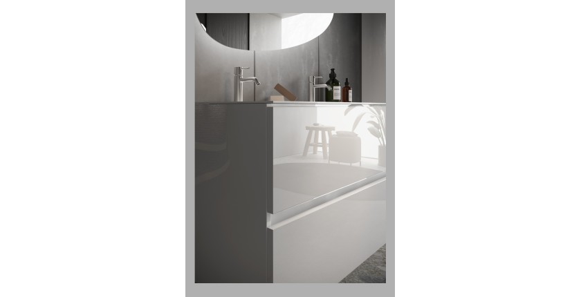 Meuble de salle de bain suspendu avec deux vasques et 2 tiroirs, collection VIENNE. Coloris blanc brillant