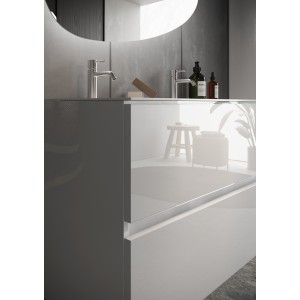 Meuble de salle de bain suspendu avec deux vasques et 2 tiroirs, collection VIENNE. Coloris blanc brillant