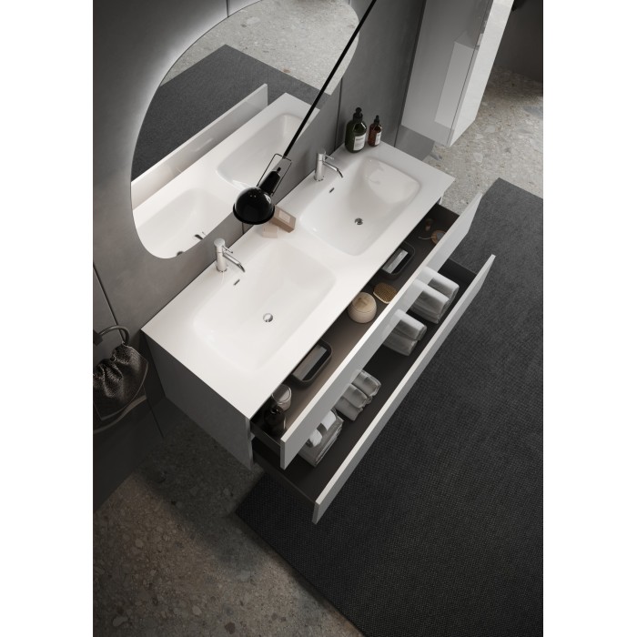 Meuble de salle de bain suspendu avec deux vasques et 2 tiroirs, collection VIENNE. Coloris blanc brillant
