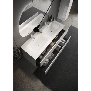 Meuble de salle de bain suspendu avec deux vasques et 2 tiroirs, collection VIENNE. Coloris blanc brillant