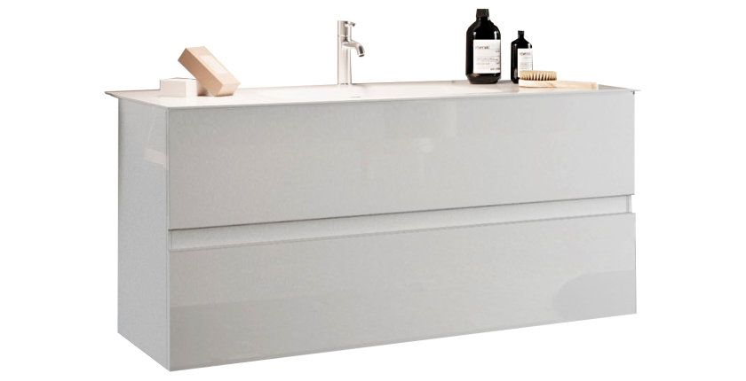 Meuble de salle de bain suspendu avec 1 vasque et 2 tiroirs, collection VIENNE. Coloris blanc brillant