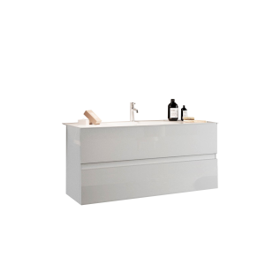 Meuble de salle de bain suspendu avec 1 vasque et 2 tiroirs, collection VIENNE. Coloris blanc brillant