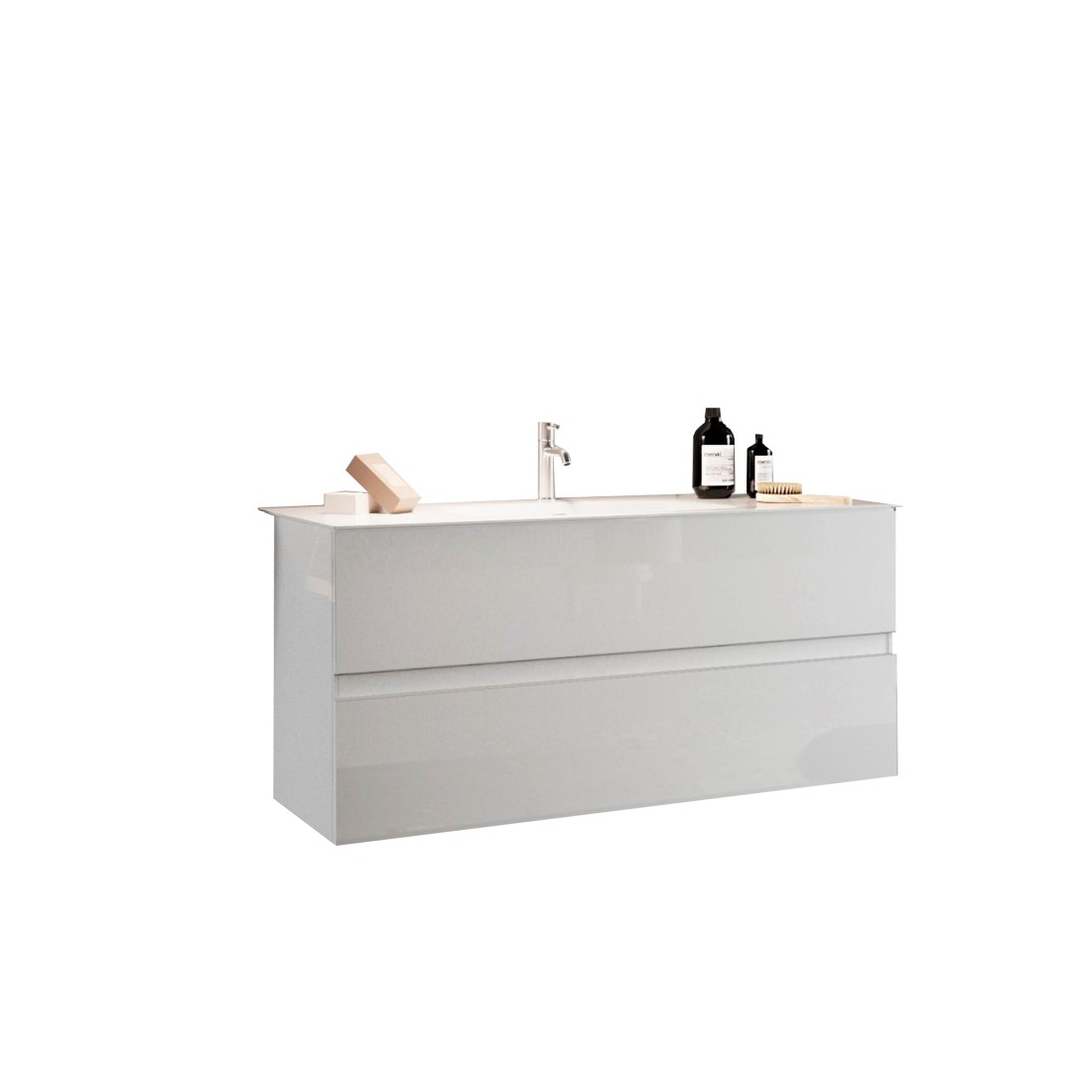 Meuble de salle de bain suspendu avec 1 vasque et 2 tiroirs, collection VIENNE. Coloris blanc brillant
