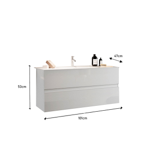 Meuble de salle de bain suspendu avec 1 vasque et 2 tiroirs, collection VIENNE. Coloris blanc brillant