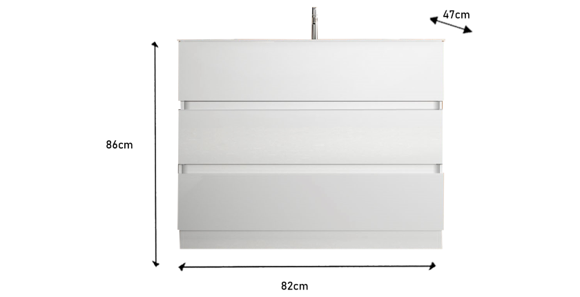 Meuble de salle de bain avec 1 vasque et 3 tiroirs, longueur 82cm, collection VIENNE. Coloris blanc brillant