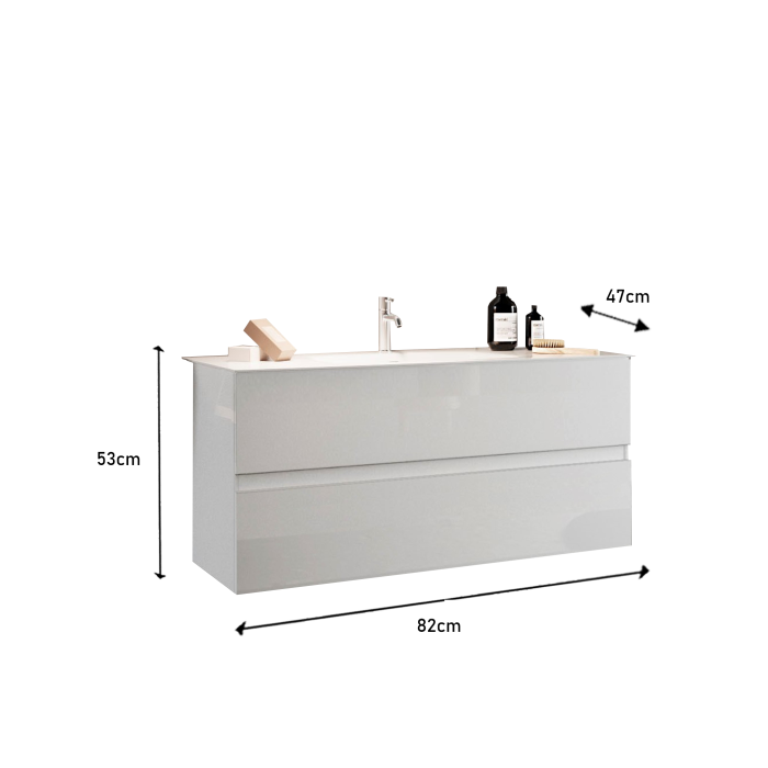 Meuble de salle de bain suspendu avec 1 vasque et 2 tiroirs, longueur 82cm, collection VIENNE. Coloris blanc brillant