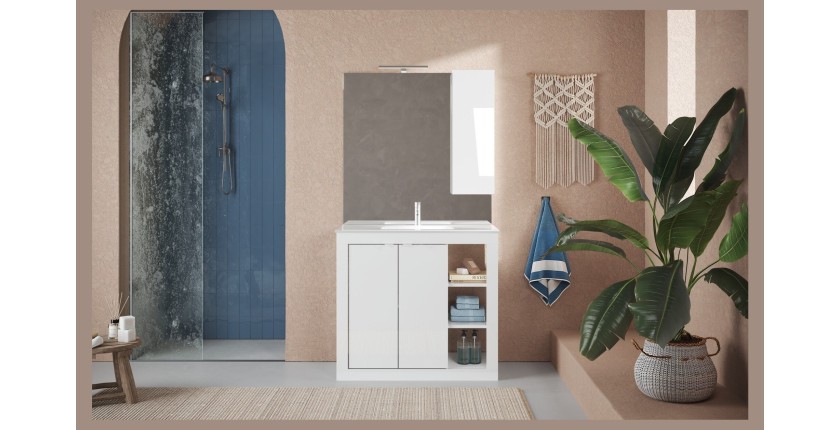 Meuble de salle de bain avec 1 vasque et 2 portes, collection VIENNE. Coloris blanc brillant