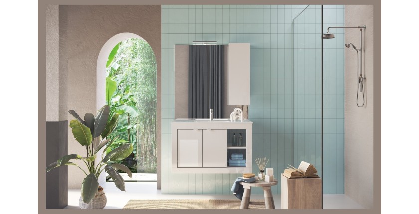 Meuble de salle de bain suspendu avec 1 vasque et 2 portes, collection VIENNE. Coloris blanc brillant
