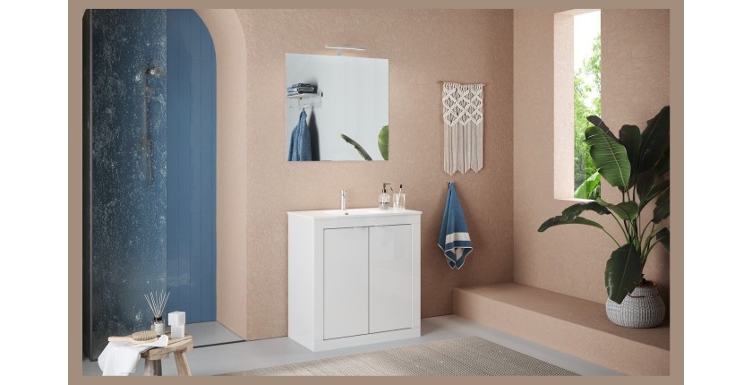 Meuble de salle de bain avec 1 vasque et 2 portes, longueur 82cm, collection VIENNE. Coloris blanc brillant