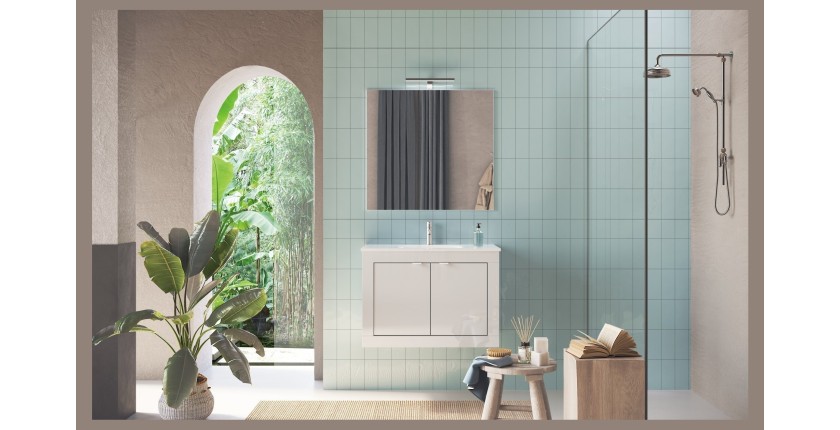 Meuble de salle de bain suspendu avec 1 vasque et 2 portes, longueur 82cm, collection VIENNE. Coloris blanc brillant