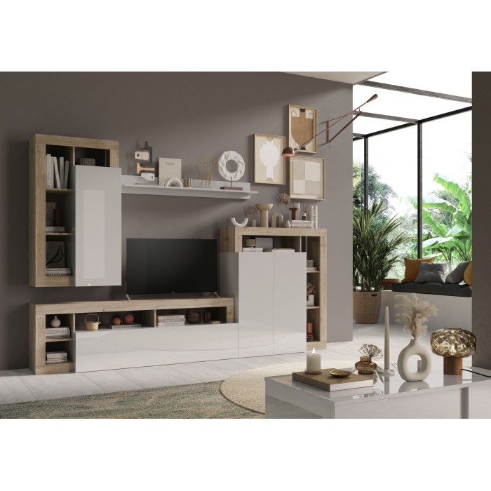 Ensemble de meubles de salon collection BURA, longueur 290cm. Coloris chêne Cadiz et blanc laqué brillant