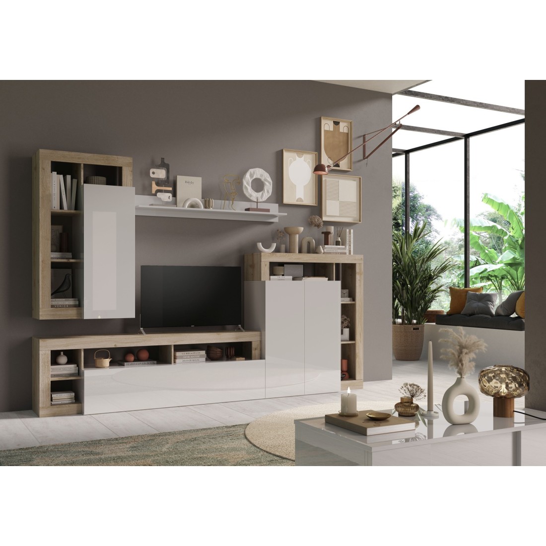 Ensemble de meubles de salon collection BURA, longueur 290cm. Coloris chêne Cadiz et blanc laqué brillant