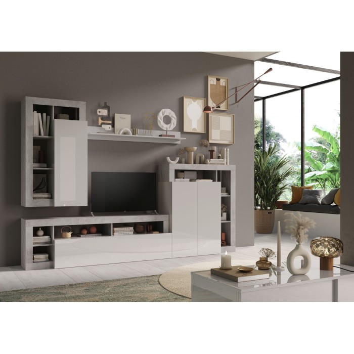 Ensemble de meubles de salon, collection BURA, longueur 290cm. Coloris béton et blanc laqué brillant