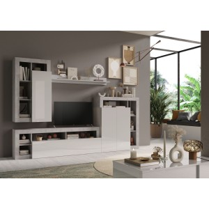 Ensemble de meubles de salon, collection BURA, longueur 290cm. Coloris béton et blanc laqué brillant
