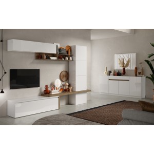 Ensemble de meubles de salon collection FANZY 4 portes. Coloris blanc brillant laqué et chêne
