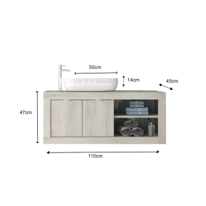 Meuble de salle de bain suspendu une vasque et 2 portes, collection CISA, coloris blanc effet bois