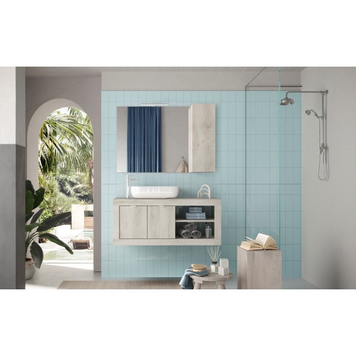 Meuble de salle de bain suspendu une vasque et 2 portes, collection CISA, coloris blanc effet bois