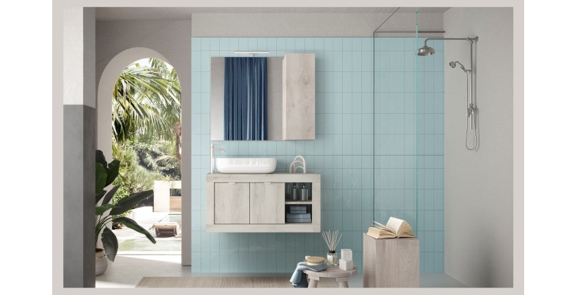 Meuble de salle de bain suspendu une vasque et 2 portes, longueur 92cm,  collection CISA, coloris blanc effet bois