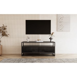 Meuble TV collection MADEIRO Structure métal et bois exotique de Mangolia noir. Idéal pour un salon de style industriel.